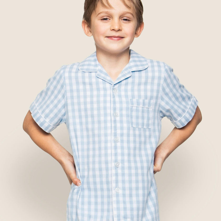Kid's Twill Pajama Short Set in Light Blue Gingham