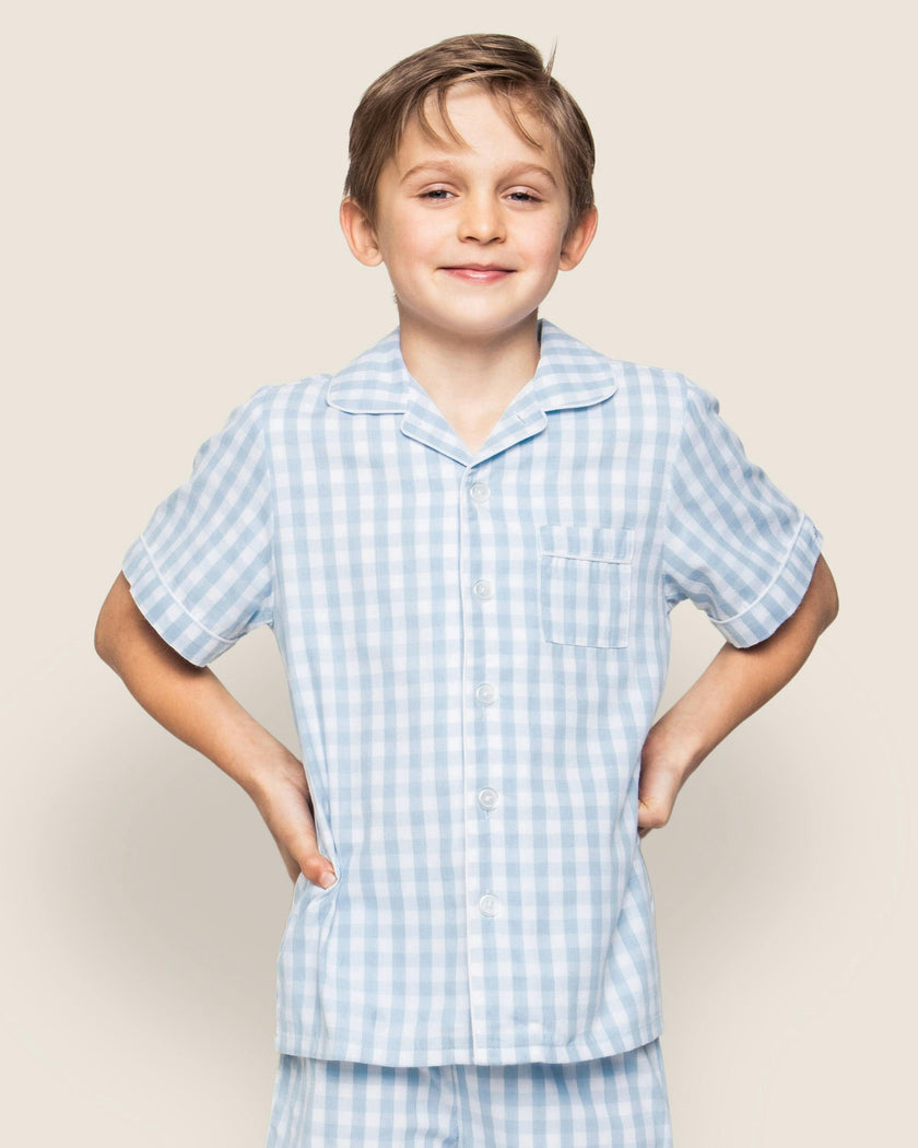 Kid's Twill Pajama Short Set in Light Blue Gingham