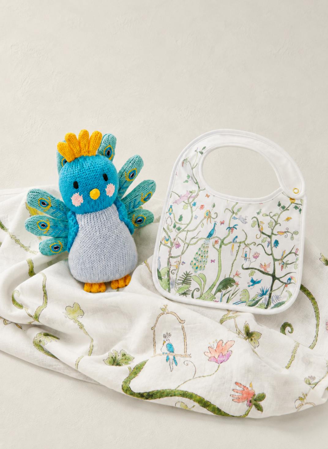 Tropical Shawl Baby Bib, Blanket and Violet the Peacock Set