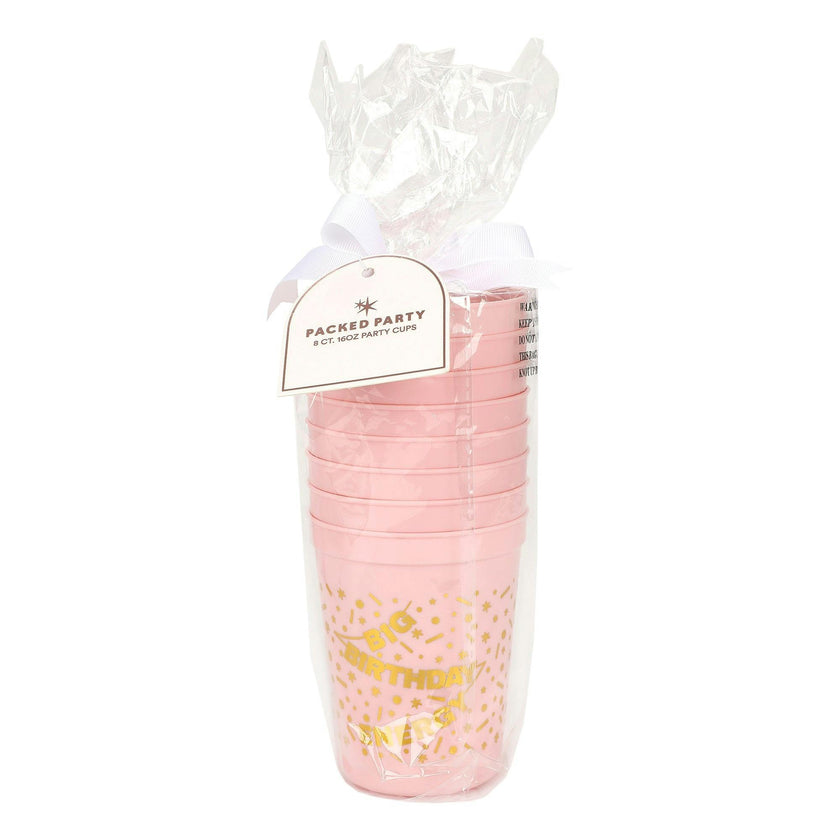 Packed Party Big Birthday Energy Reusable Cup Stack 8ct - 16 oz BPA-Free Pink Cups with Gold Foil