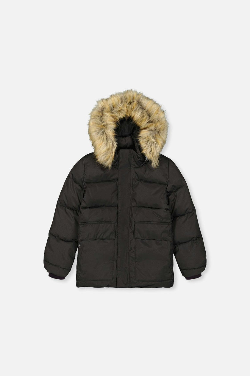 Winter Jacket with Faux-Fur Hood Black
