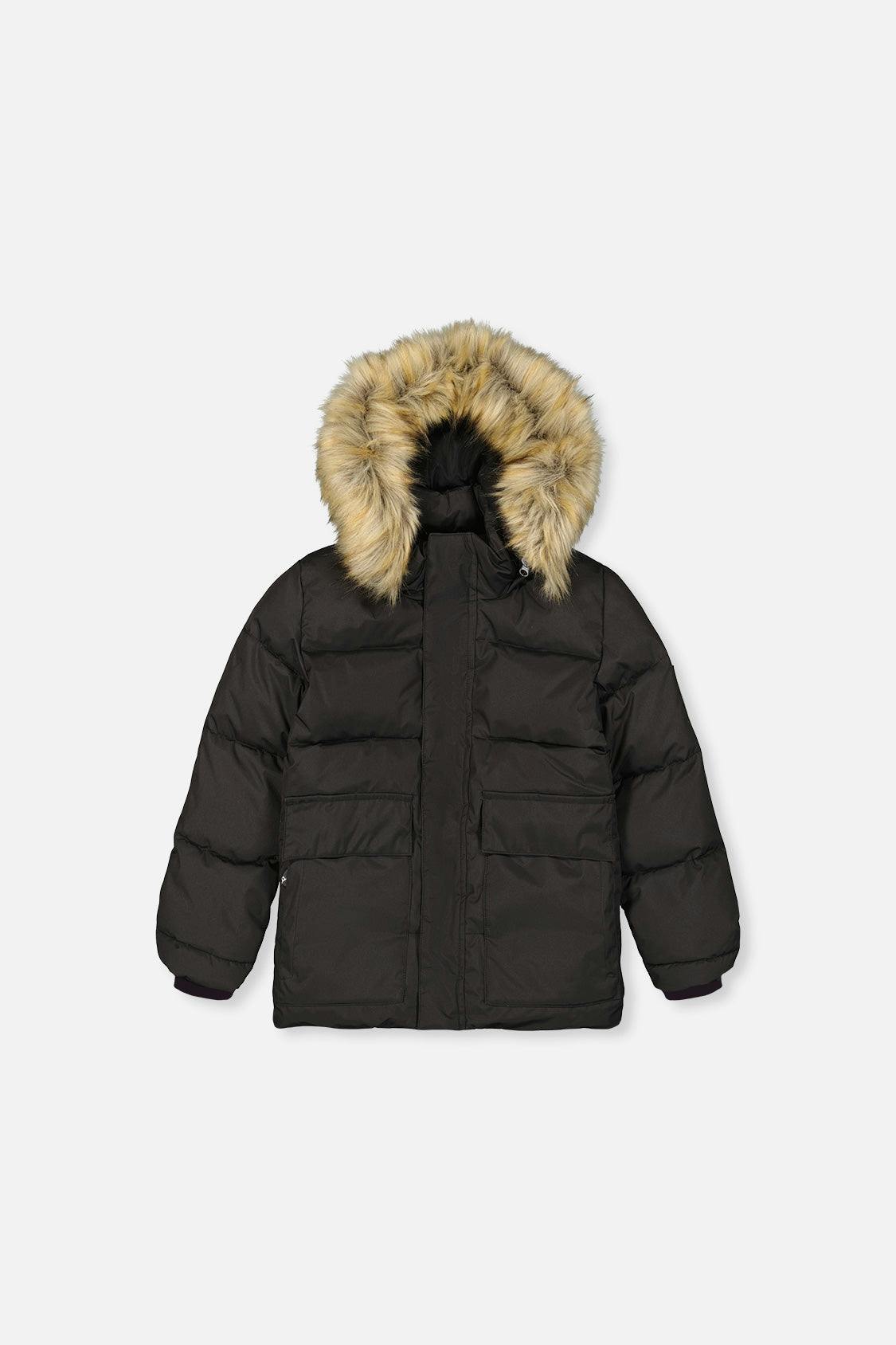Winter Jacket with Faux-Fur Hood Black