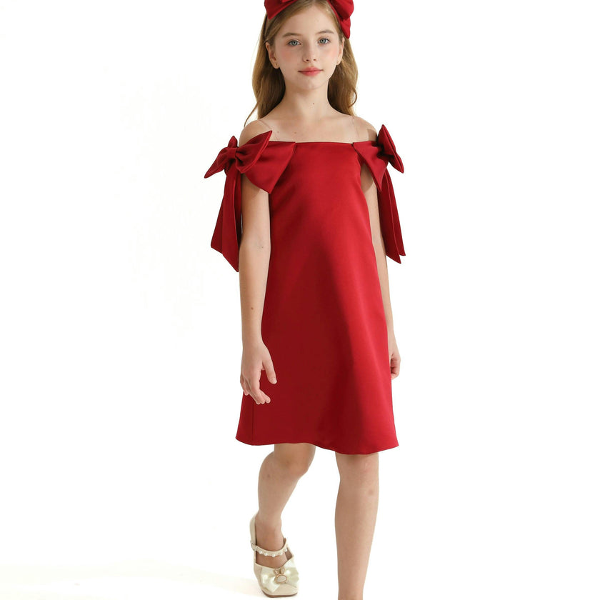 Red Luneta Off Shoulder Bow Dress