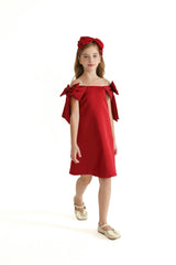 Red Luneta Off Shoulder Bow Dress