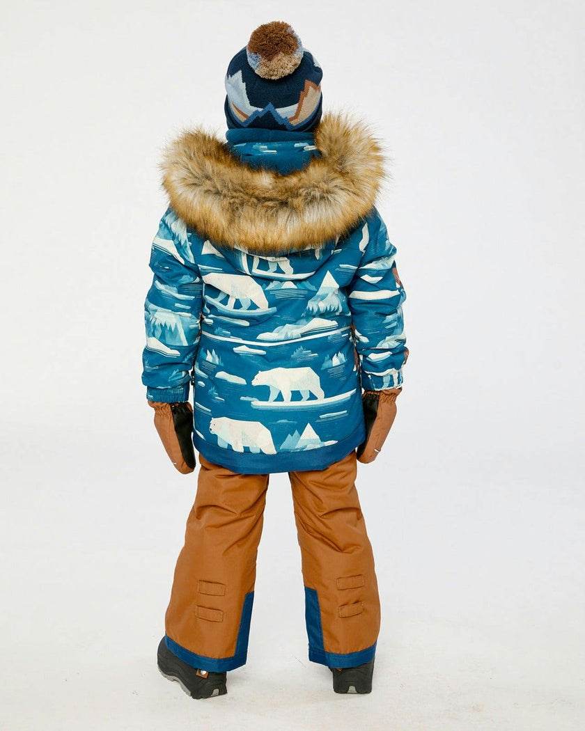 Two Piece Play Snowsuit Blue Bear Print With Rust Pants