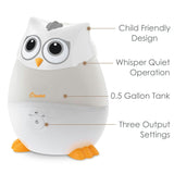 Mini-Adorable Snow Owl 0.5 Gal. Baby Humidifier, Cool Mist with Aroma Tray & Night Light