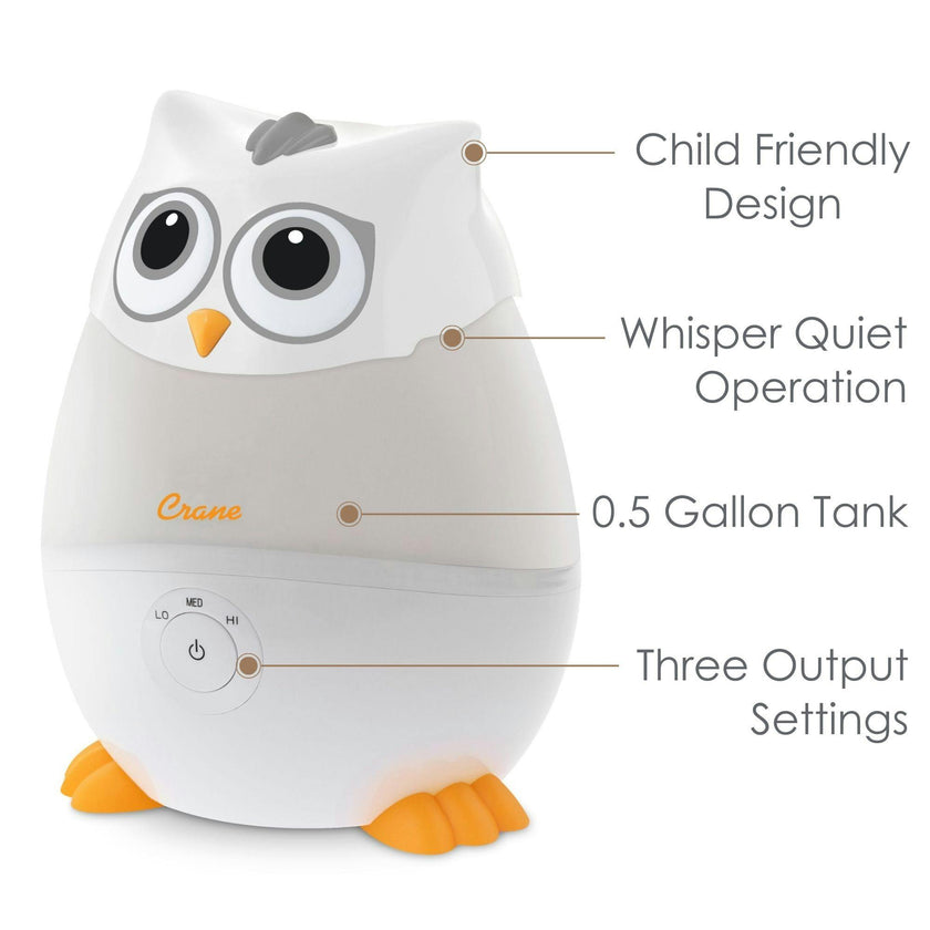 Mini-Adorable Snow Owl 0.5 Gal. Baby Humidifier, Cool Mist with Aroma Tray & Night Light
