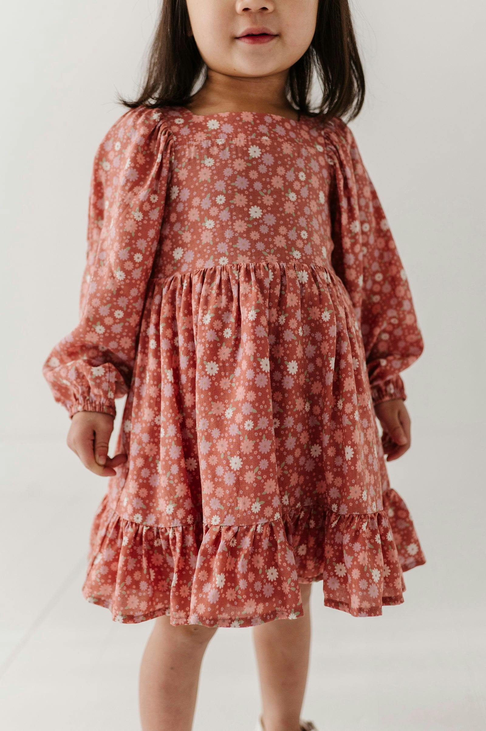 Girls Long Sleeve Viscose Dress in Tiny Petals