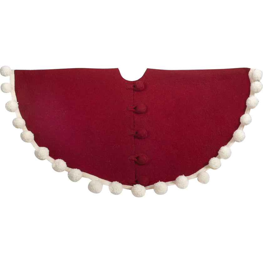 Handmade Christmas Tree Skirt in Felt - Pom Poms on Red