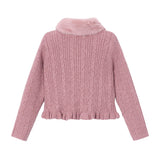 Pink Faux Fur Collar Cardigan