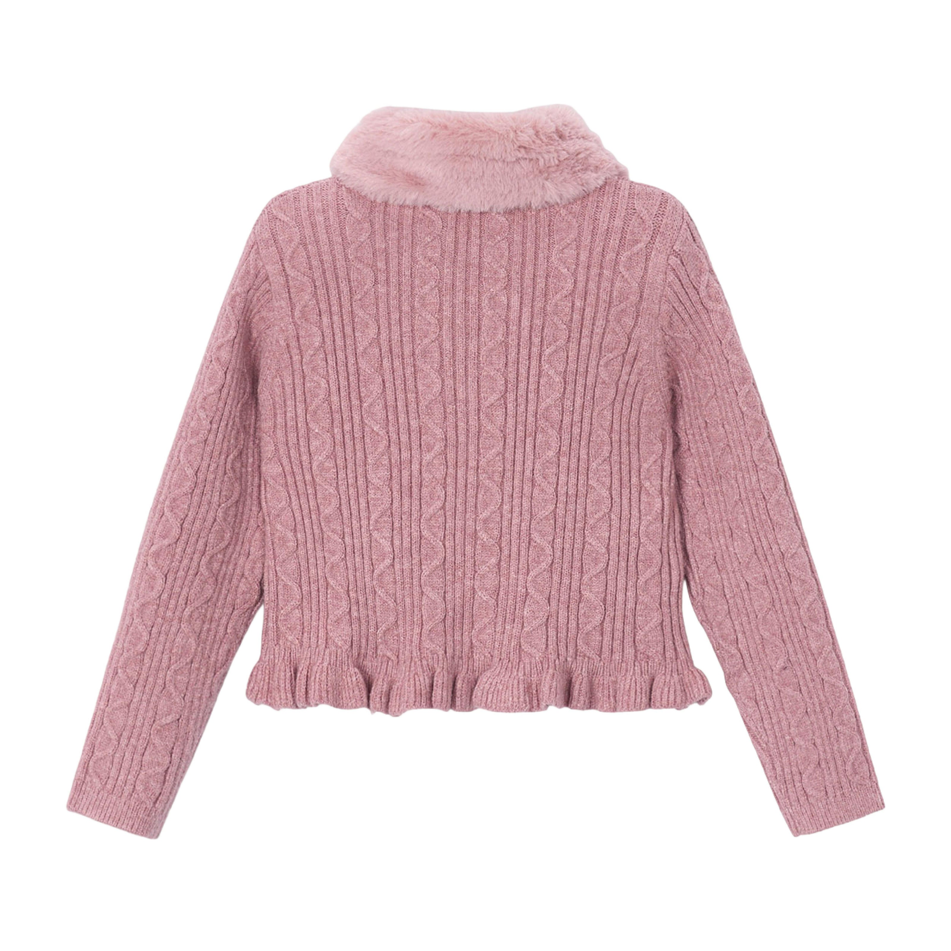 Pink Faux Fur Collar Cardigan