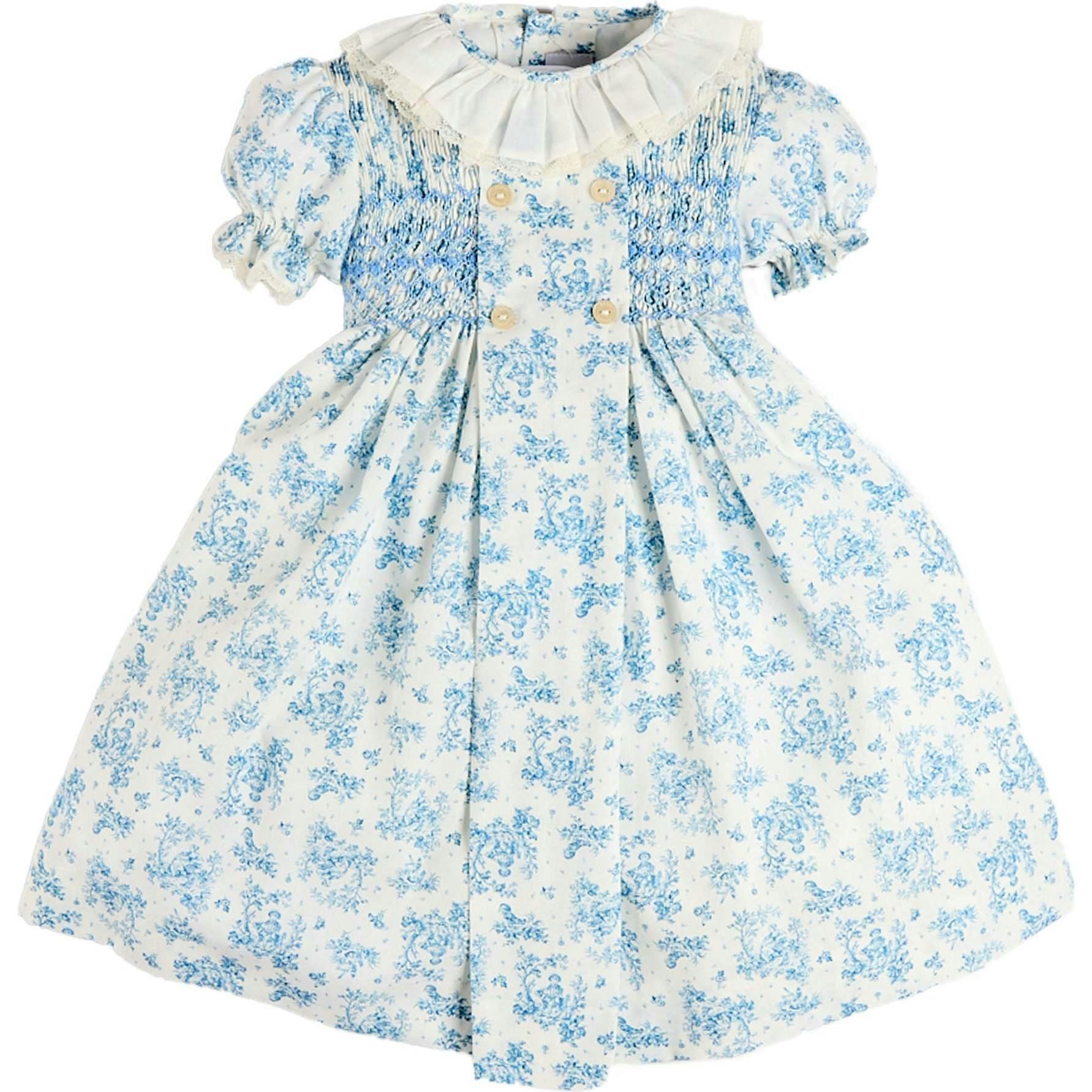 Audrey Toile Hand Smocked Ruffle Collar Short Sleeve Dress in Blue (12mths- 10yrs)