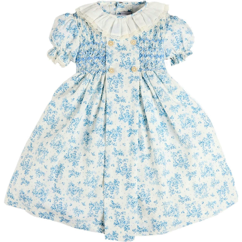 Audrey Toile Hand Smocked Ruffle Collar Short Sleeve Dress in Blue (12mths- 10yrs)