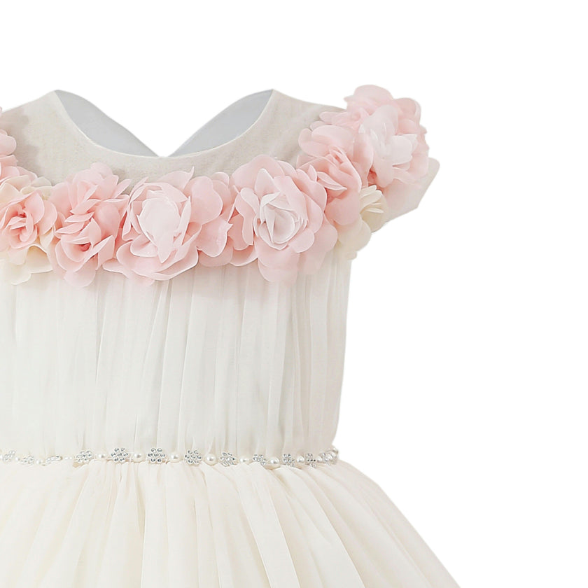 White Silvera Dress with Pink Petal Trim