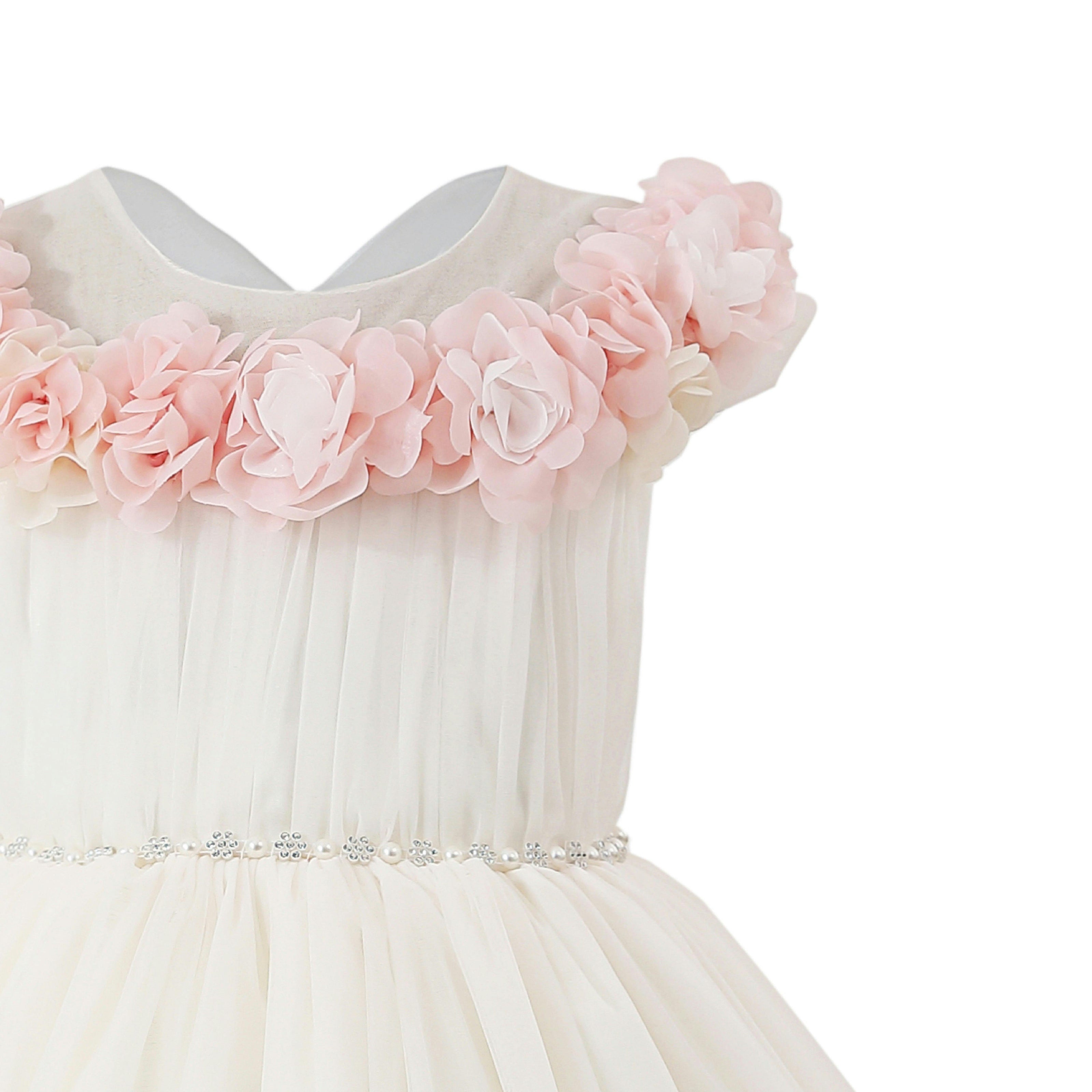 White Silvera Dress with Pink Petal Trim