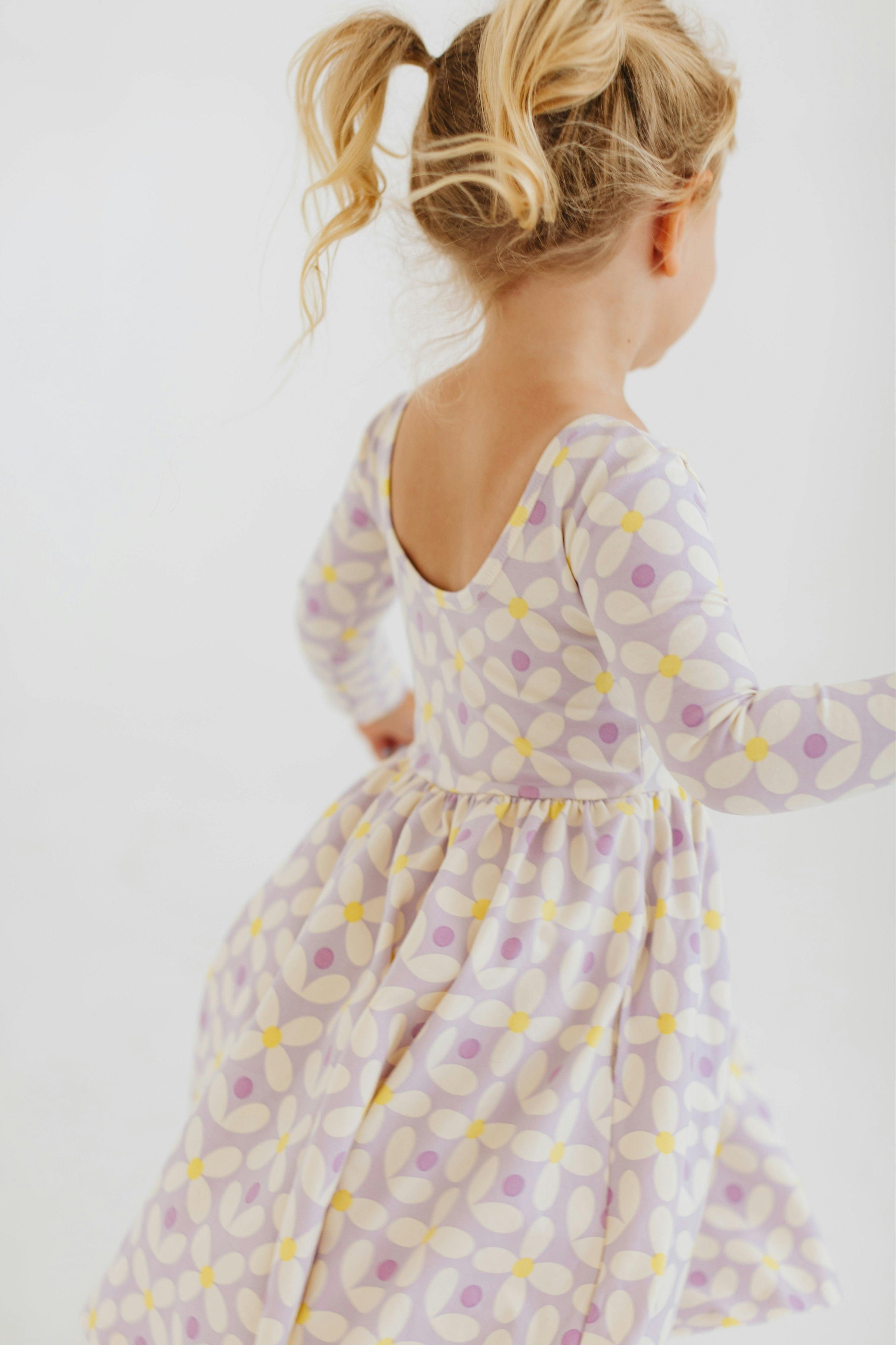 3/4 Sleeve Twirl Dress in Pale Purple Petals