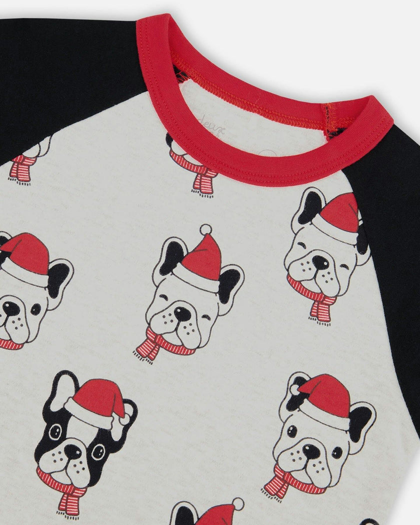 Organic Cotton Printed Dogs Two Piece Pajama Set Oatmeal Mix