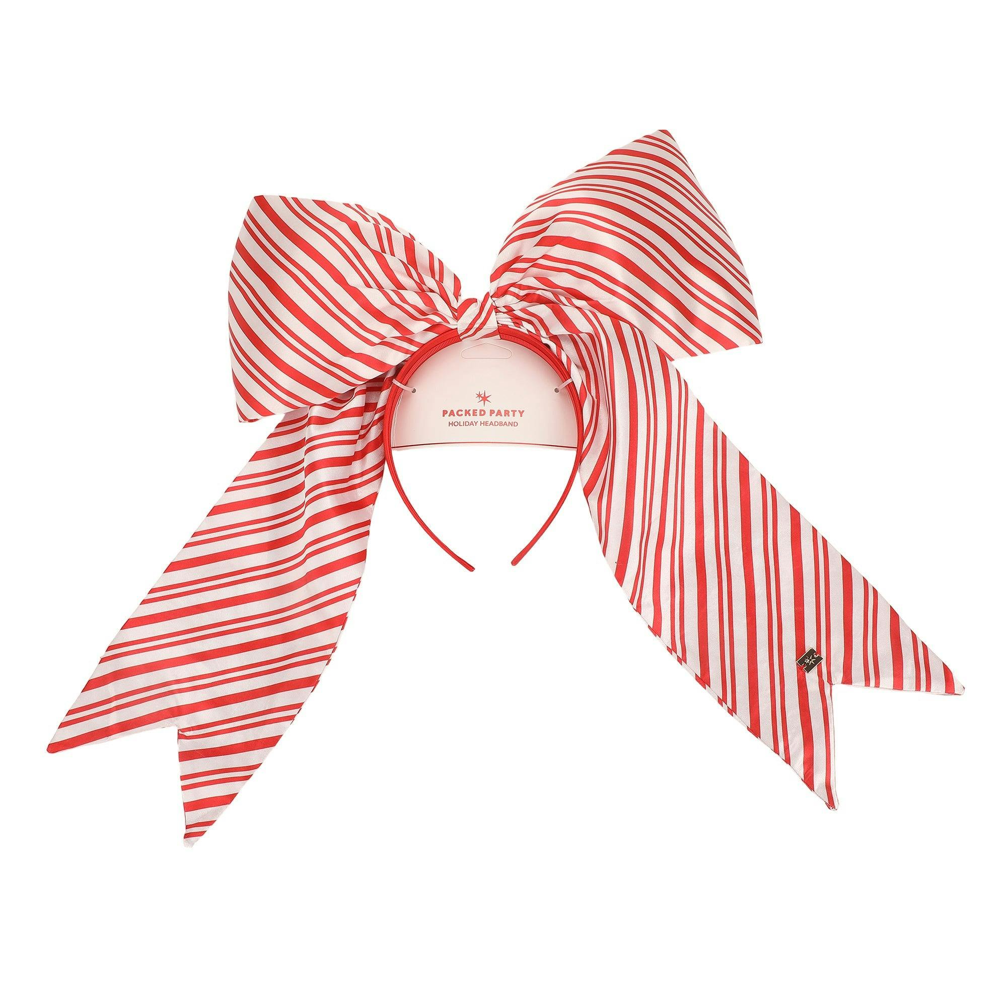 Packed Party Sweetheart Striped Jumbo Bow Headband - Red and White Striped Oversized Satin Bow Headband for Holiday Parties and Festive Photo Ops, One Size