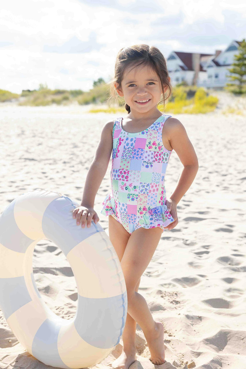 Patchwork Floral Hip Ruffle Swimsuit