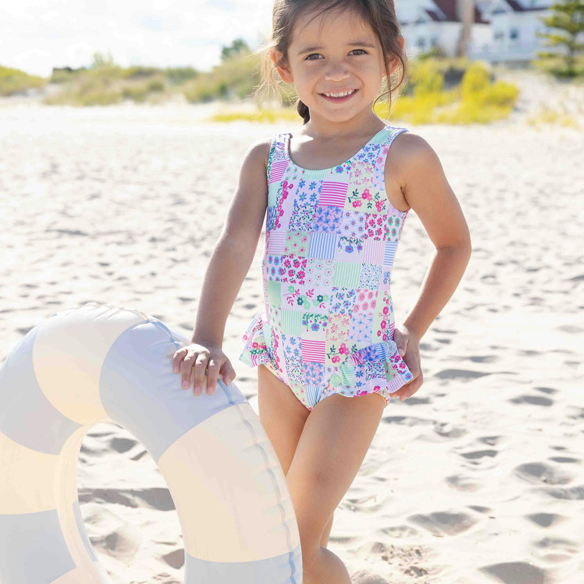 Patchwork Floral Hip Ruffle Swimsuit