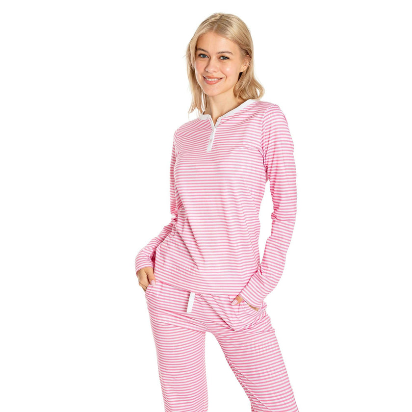 Women's Peony Jersey Long PJ Set - Pink Stripe Organic Stretch Cotton