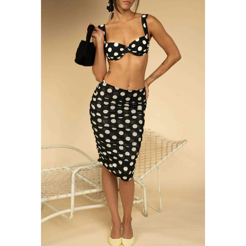 Polka Dot Mesh Ruched Midi Skirt