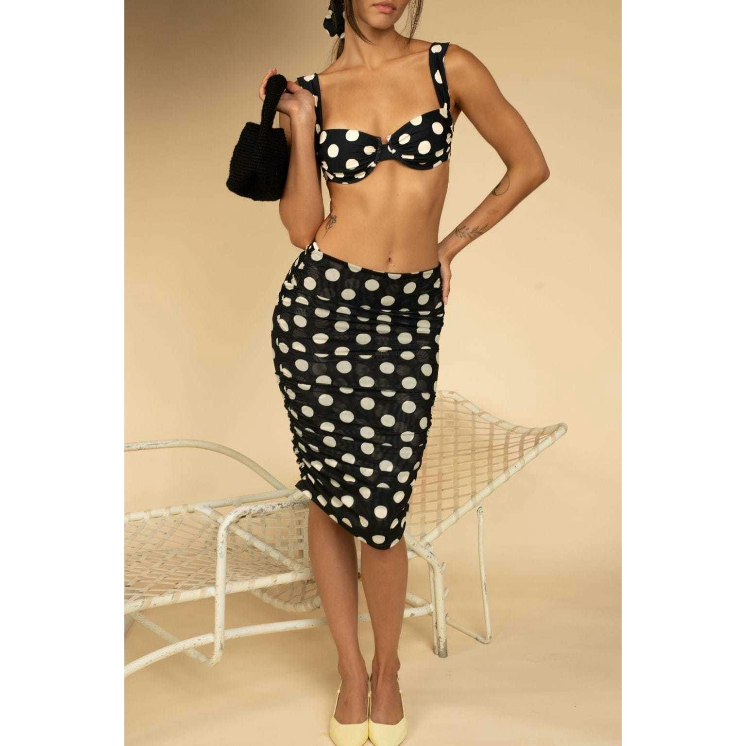 Polka Dot Mesh Ruched Midi Skirt