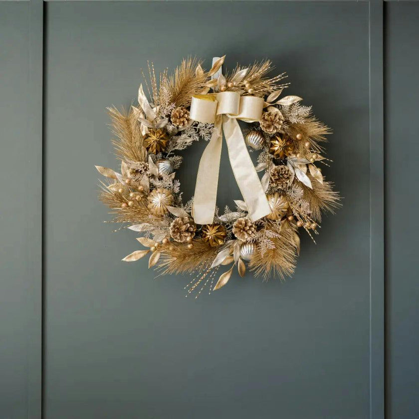 26" Gold Bow, Pinecone & Ornament Wreath Pre-Lit