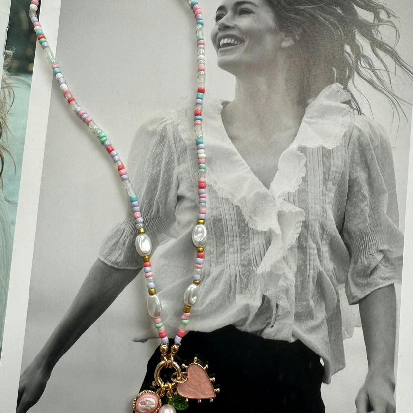 BEADED PEARL FLORAL HEART CHARM NECKLACE