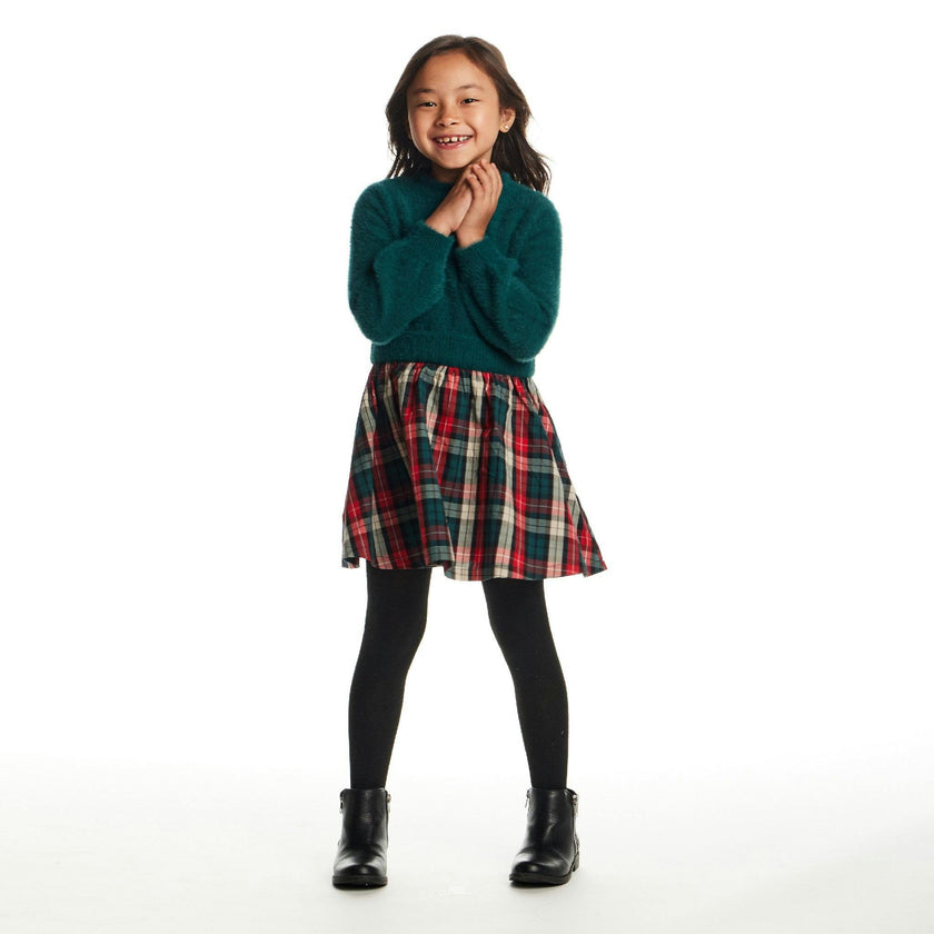 Kids Knit Twofer Dress | Green Plaid