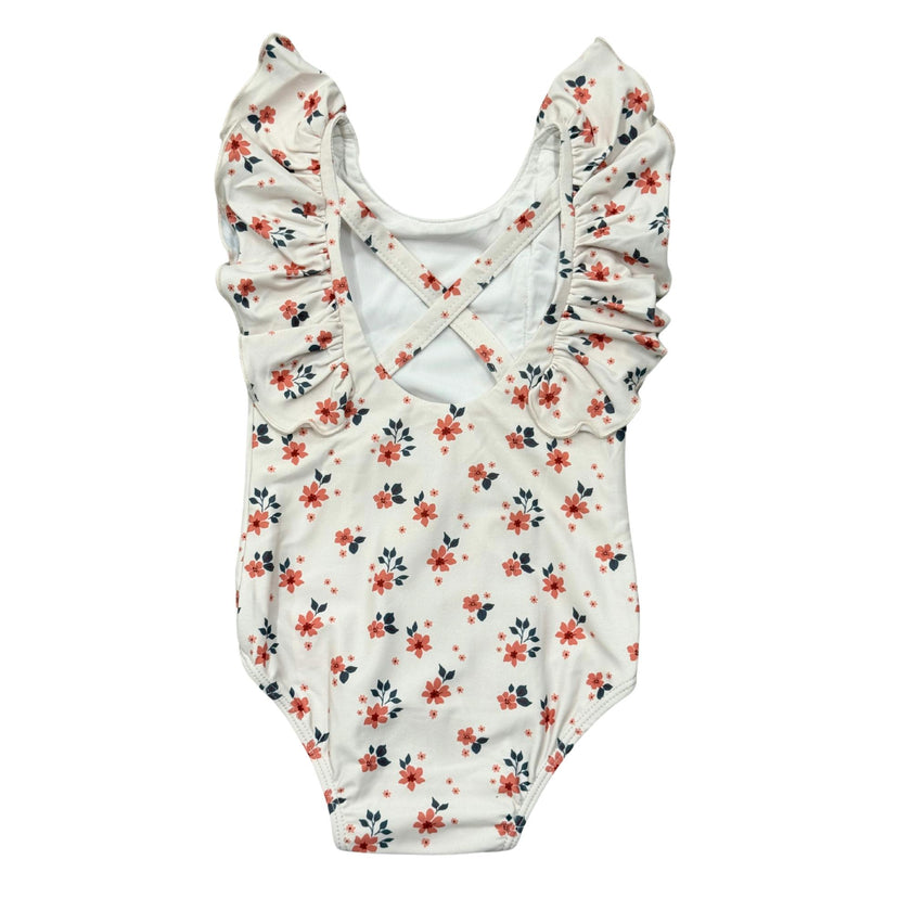Girl's Ruffle Sleeve Cross Back Swimsuit