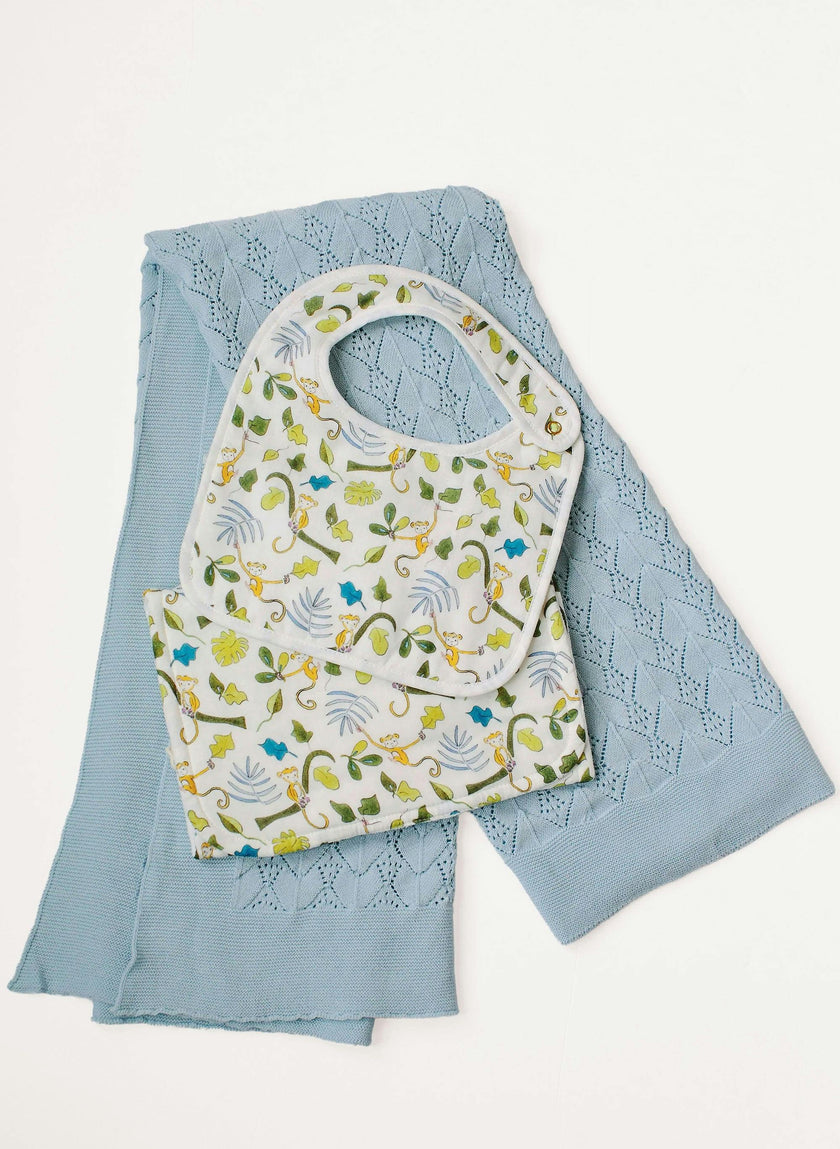 Happy Monkey Bib, Burp and Blanket Gift Set