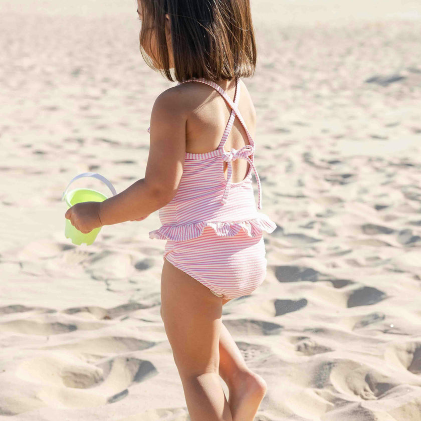 Stripe Seersucker Swimsuit with Flower