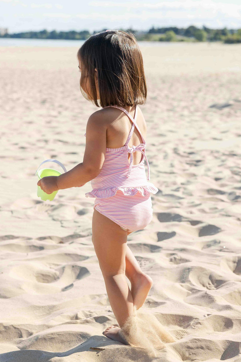 Stripe Seersucker Swimsuit with Flower