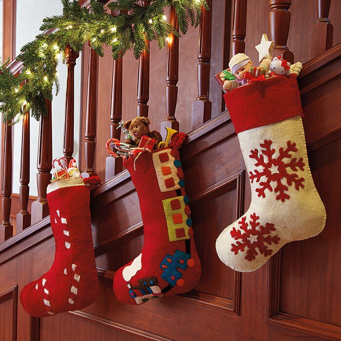 Hand Felted Wool Christmas Stocking with Red Snowflakes on Cream
