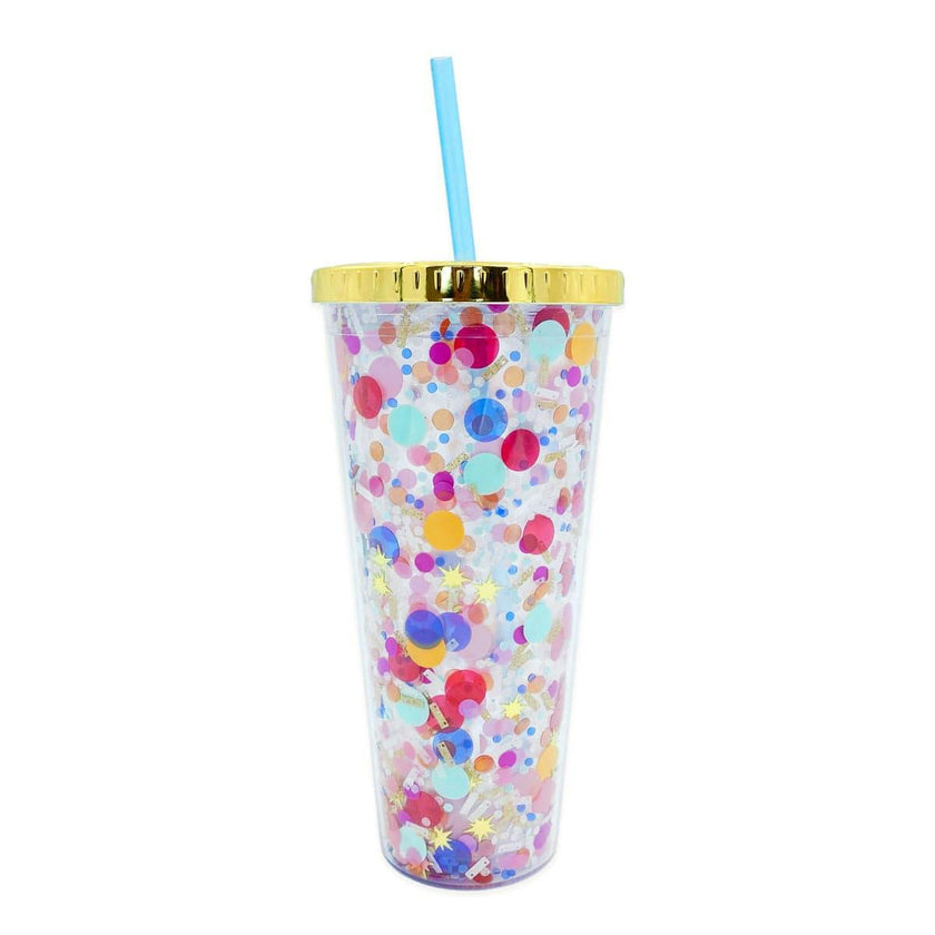 Packed Party Celebrate Every Day Confetti Reusable Tumbler - 24 oz Double Wall Plastic Tumbler with Floating Confetti, Gold Lid, and Reusable Straw, BPA-Free