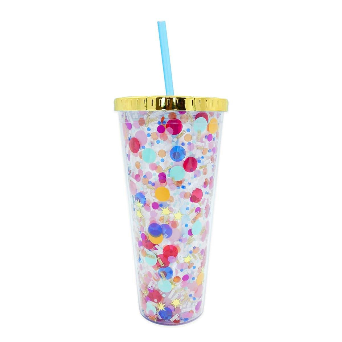 Packed Party Celebrate Every Day Confetti Reusable Tumbler - 24 oz Double Wall Plastic Tumbler with Floating Confetti, Gold Lid, and Reusable Straw, BPA-Free