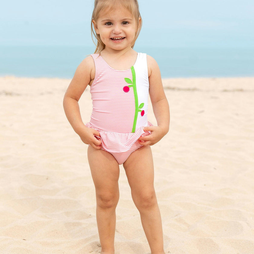 Seersucker Skirted Swimsuit With Cherries