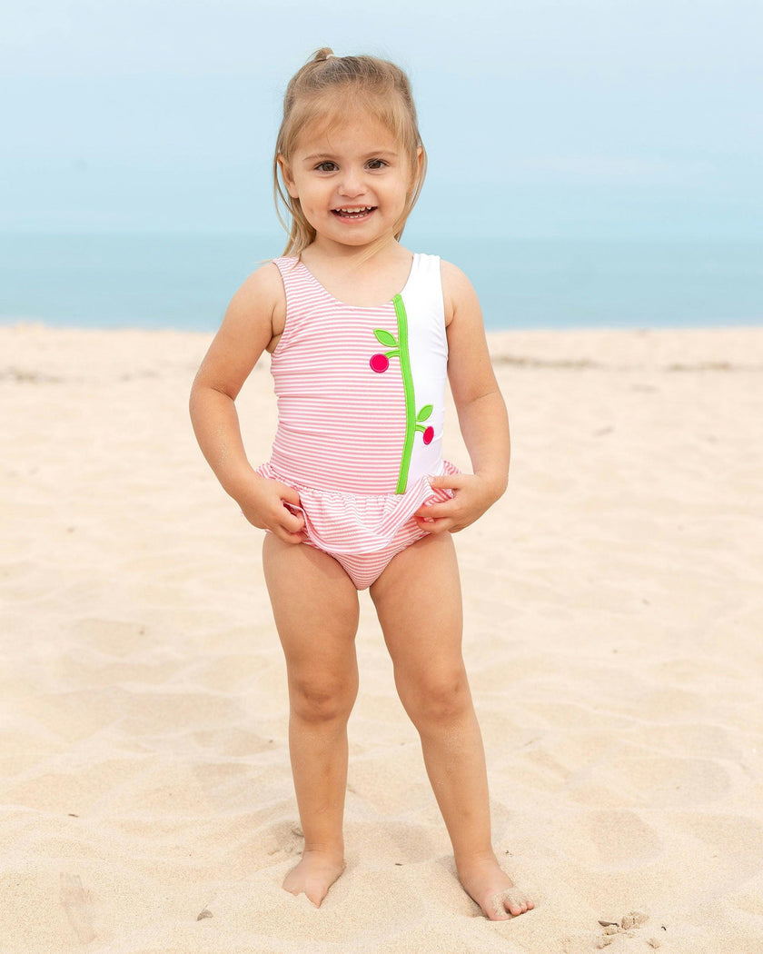 Seersucker Skirted Swimsuit With Cherries
