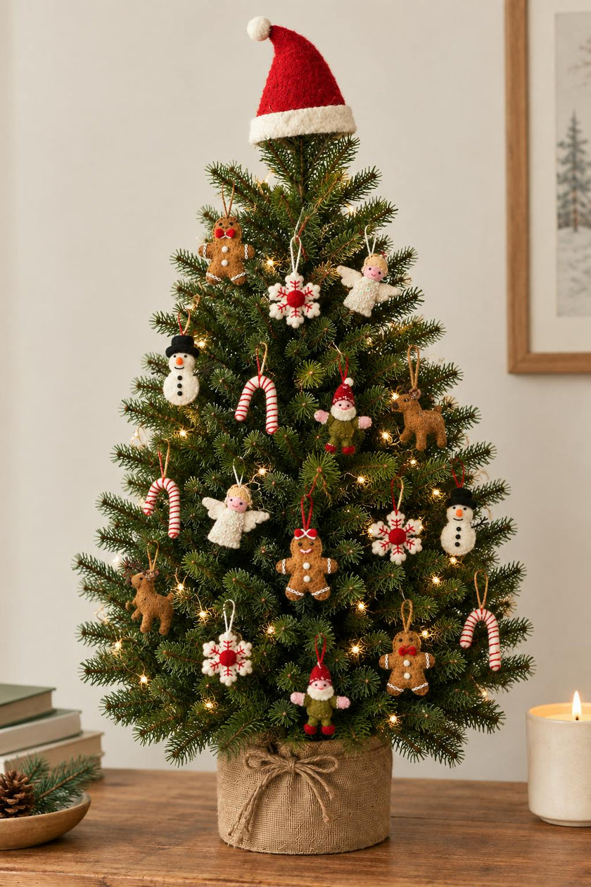24 Piece Set- Iconic Christmas Mini Tabletop Tree Set- Hand Felted Wool