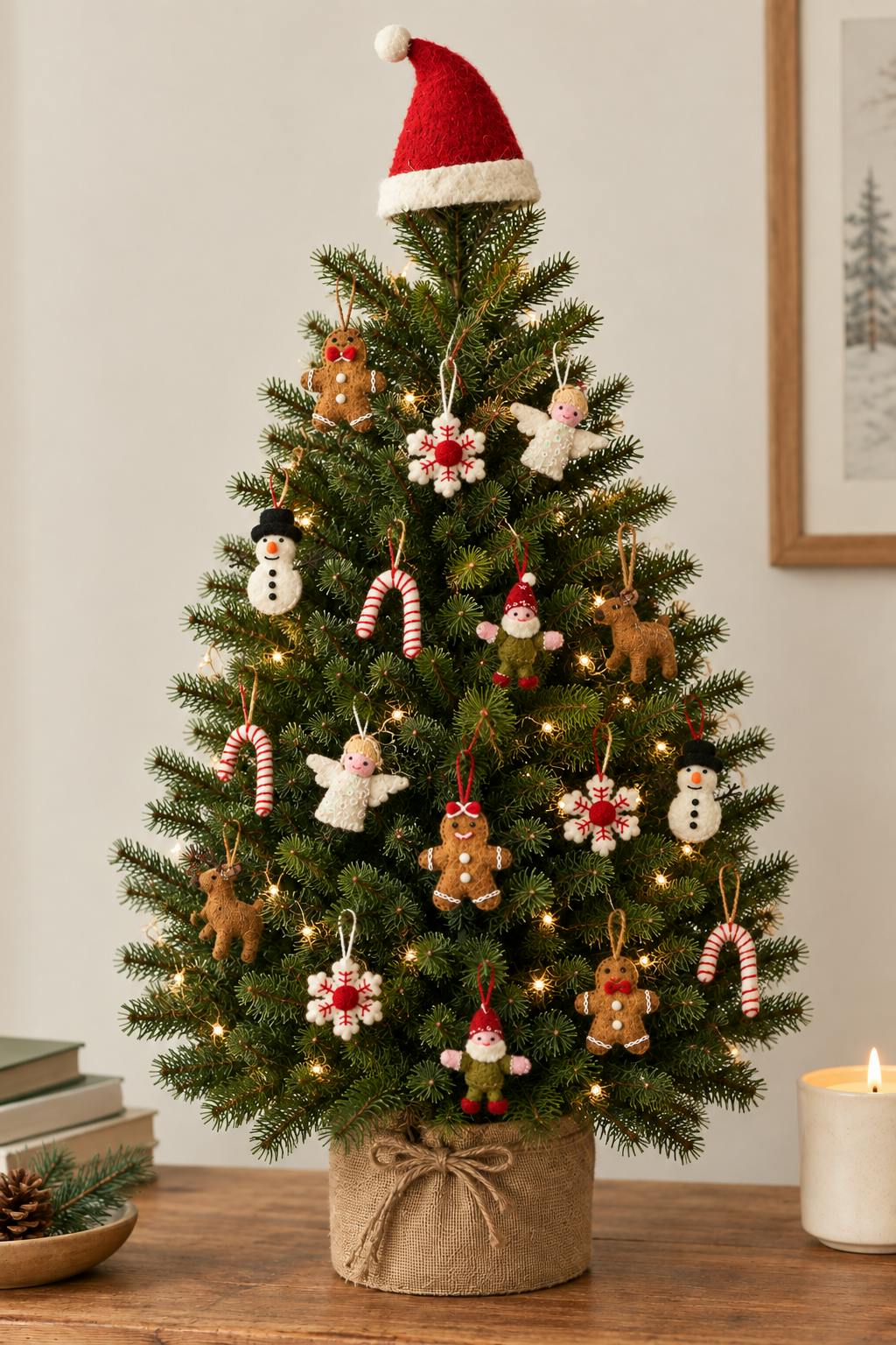 24 Piece Set- Iconic Christmas Mini Tabletop Tree Set- Hand Felted Wool