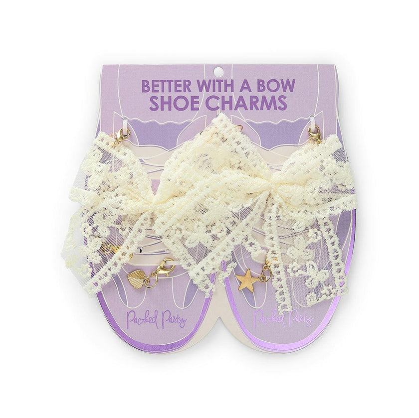 Packed Party Lace Bows and Gold Charms Shoe Charm Set 5pc - Lace Bow, Gold Star, Heart Charm, and Beaded Flower with Lobster Clips for Sneakers, 2.75x3.3 Inch