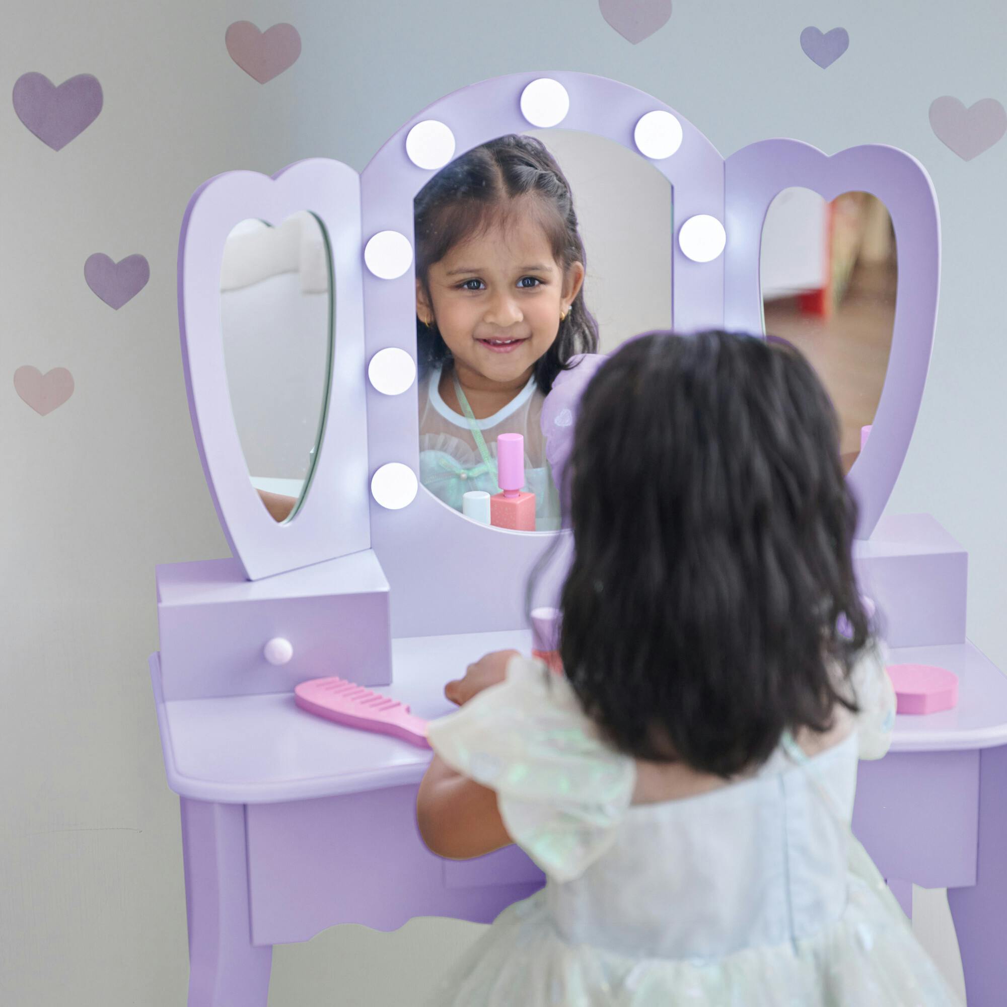 Teamson Kids Heart Glow Wooden Vanity Set With LED Lights Mirror & Stool
