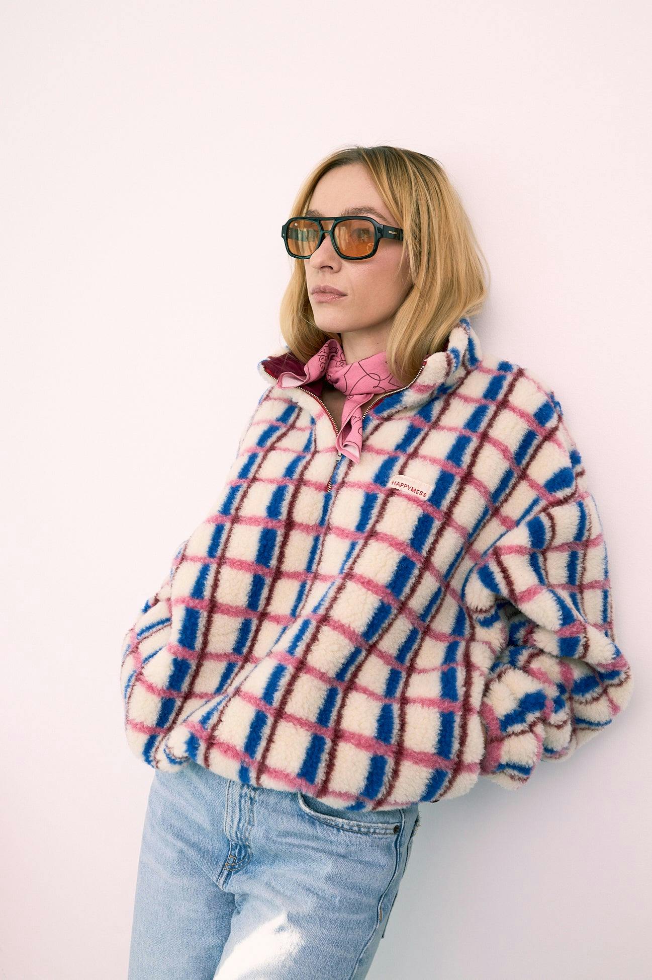 adult merino wool kangaroo jacket - pink & cobalt