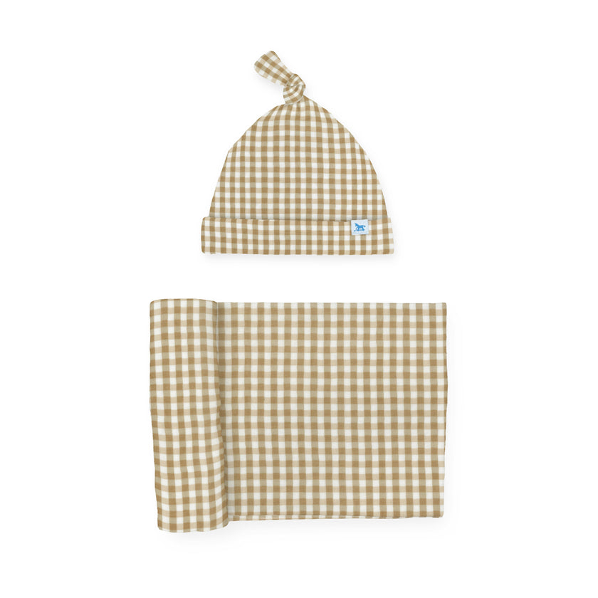 Stretch Knit Swaddle and Hat Set - Cinnamon Gingham