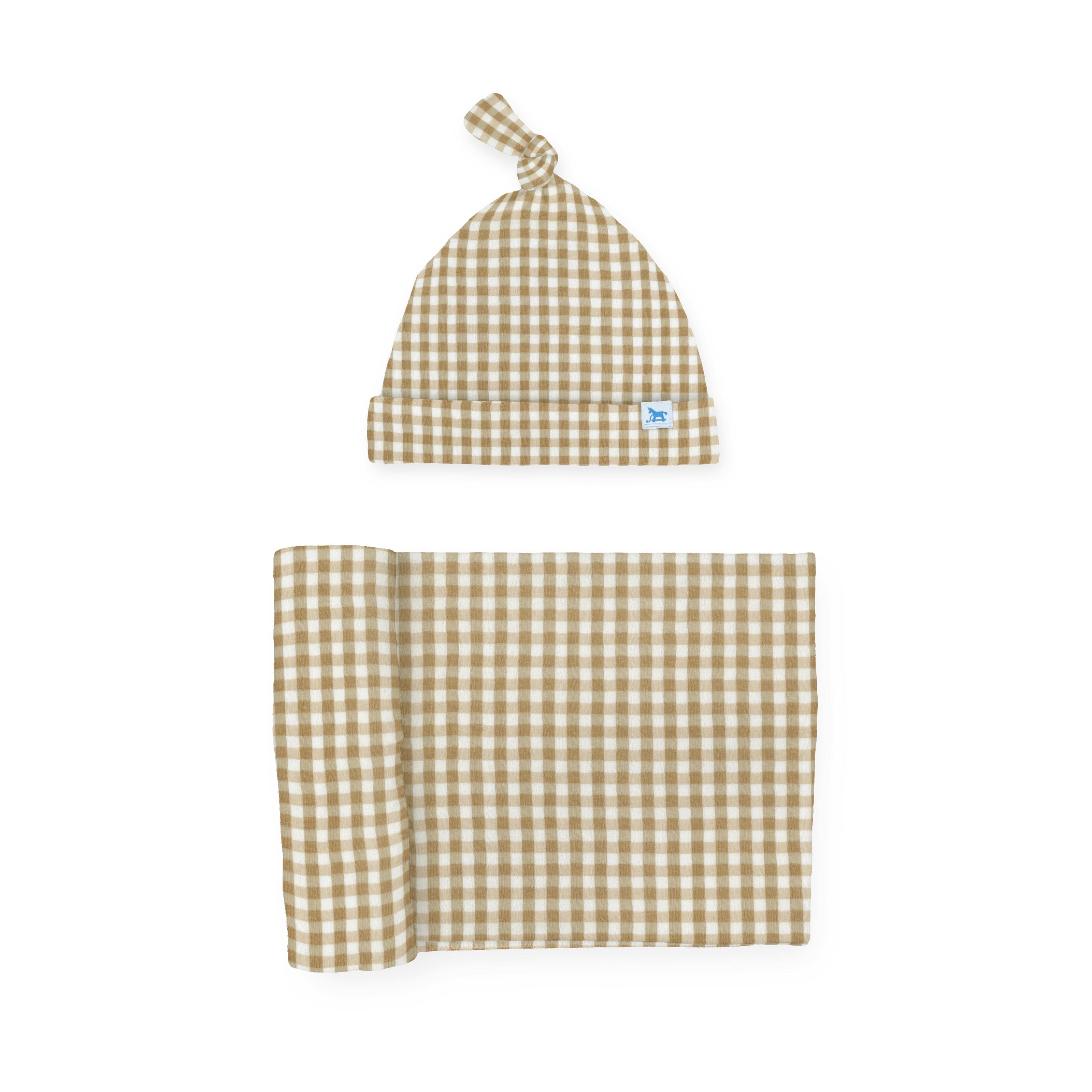 Stretch Knit Swaddle and Hat Set - Cinnamon Gingham
