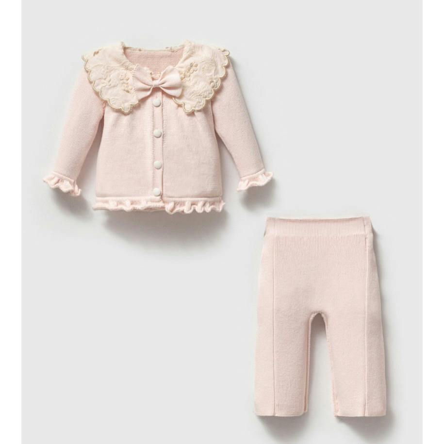 Pink Embroidered Collar Knit Cardigan & Pant Set