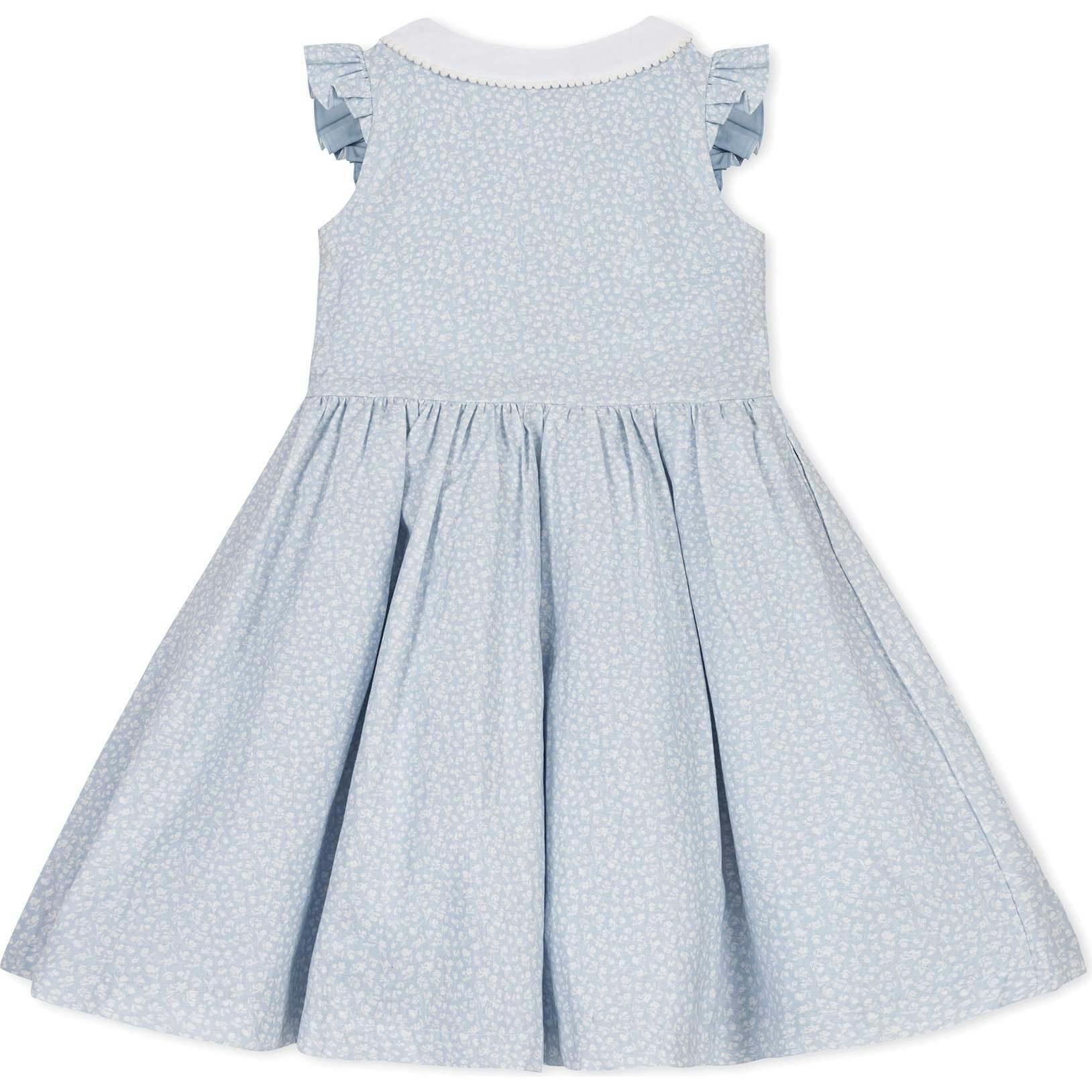 Ruffle Sleeve Linen Dress with Peter Pan Collar, Blue