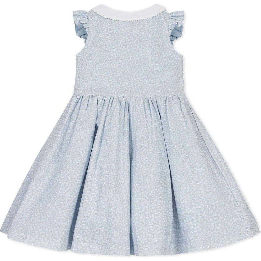 Ruffle Sleeve Linen Dress with Peter Pan Collar, Blue