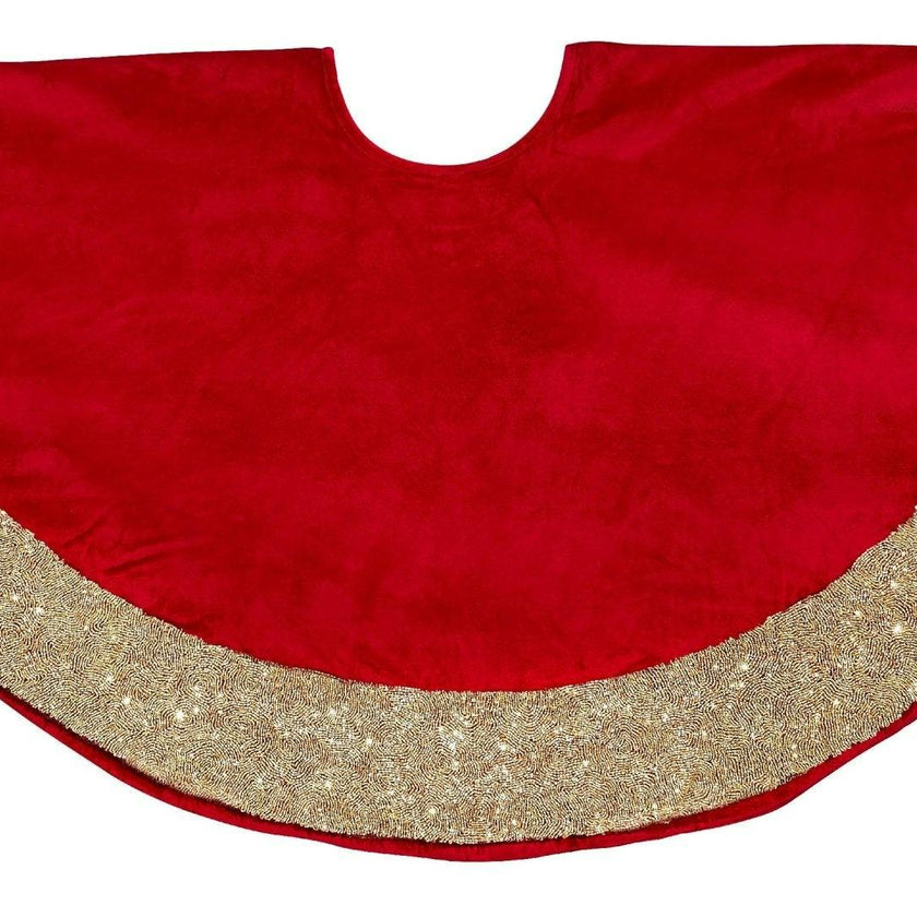 Red Velvet Christmas Tree Skirt Hand Beaded Gold Border - 60" / 72" Arcadia Home